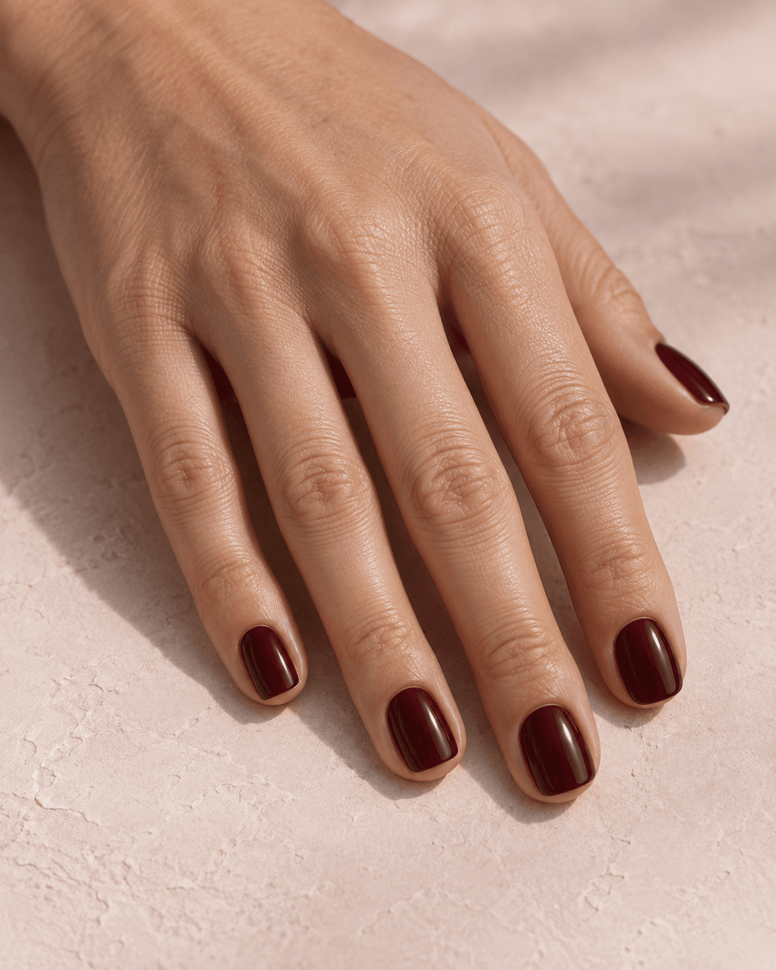 Short nails finished in a deep burgundy gel