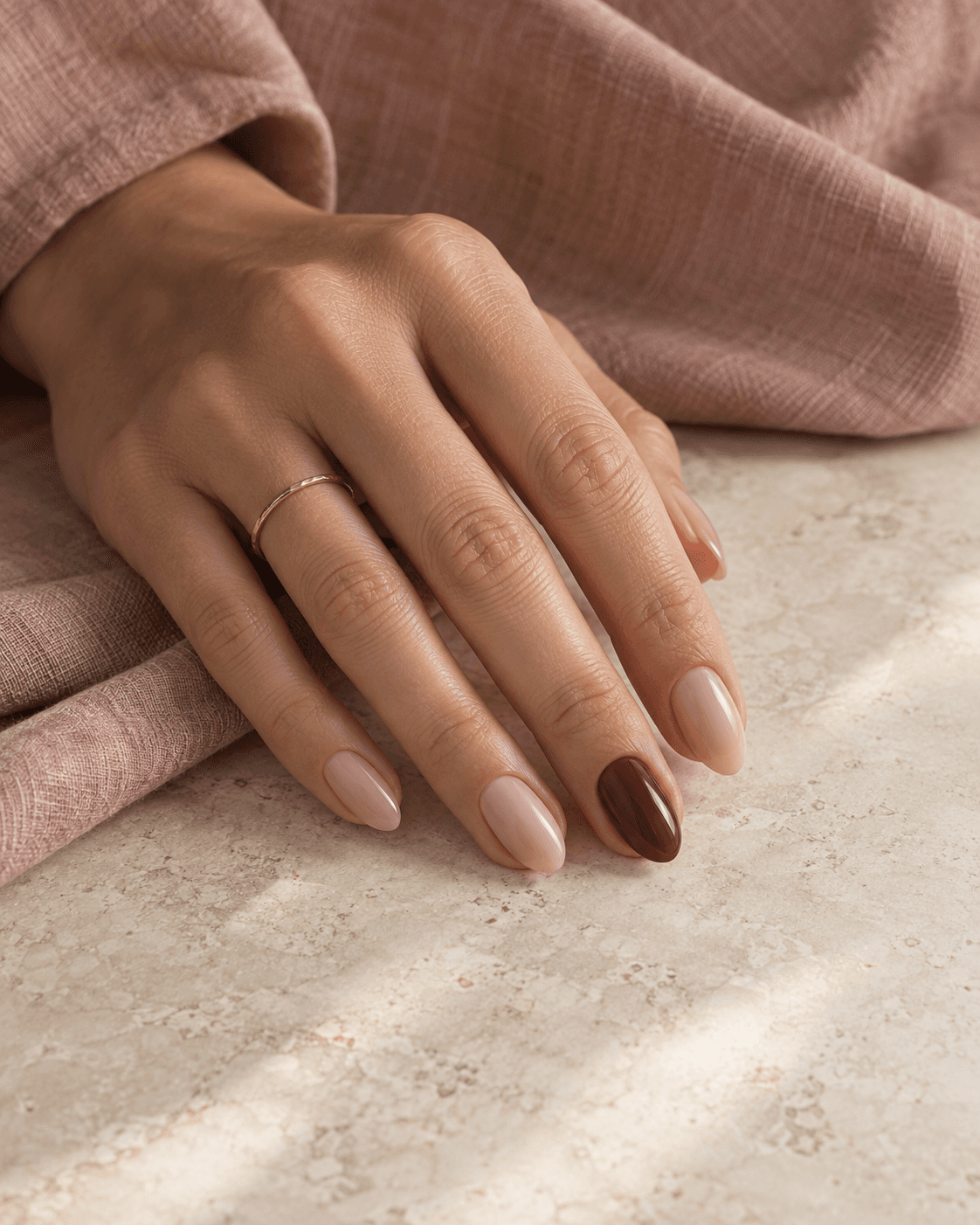 Blush manicure with a deep burgundy accent nail