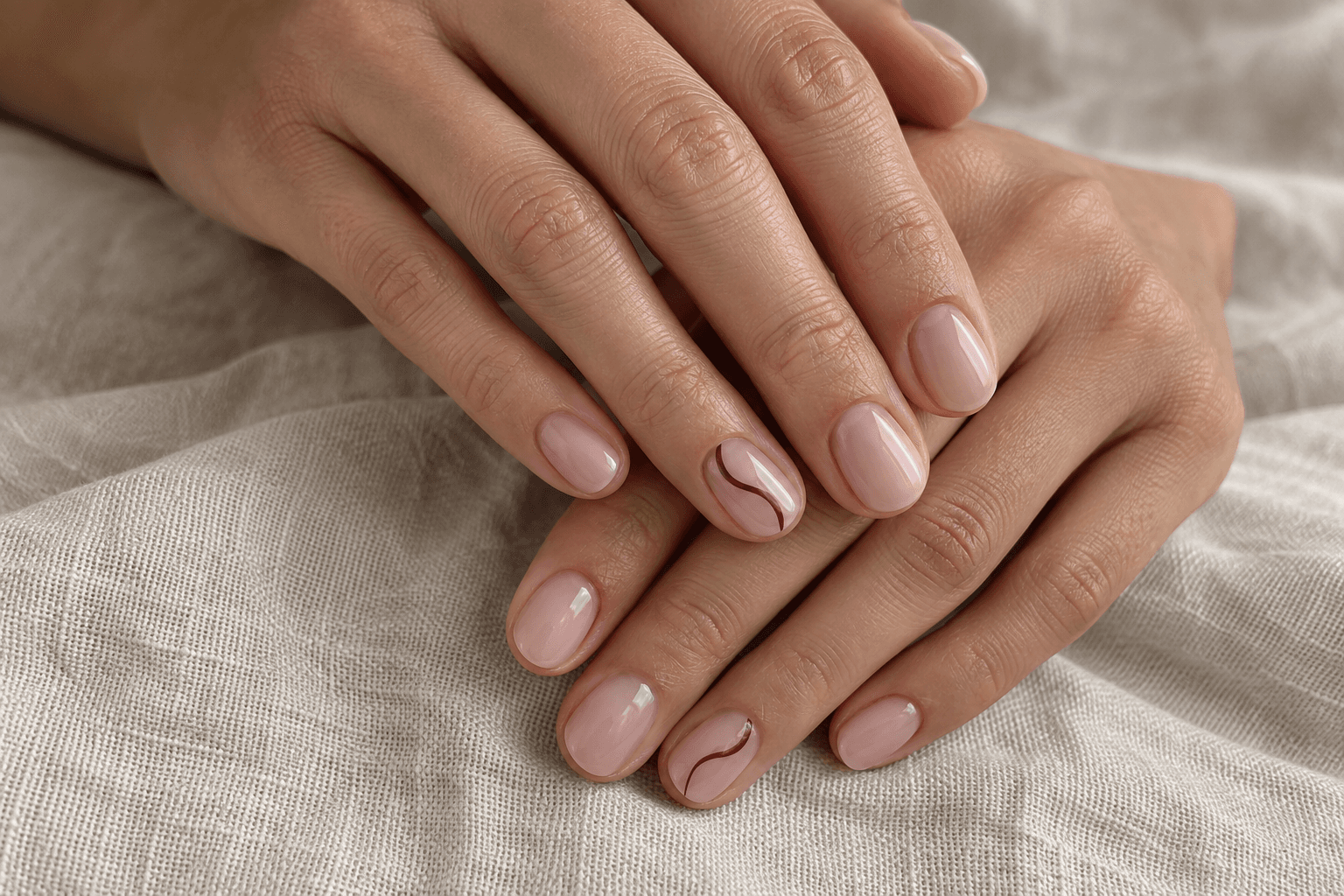 Blush manicure with minimal burgundy line art