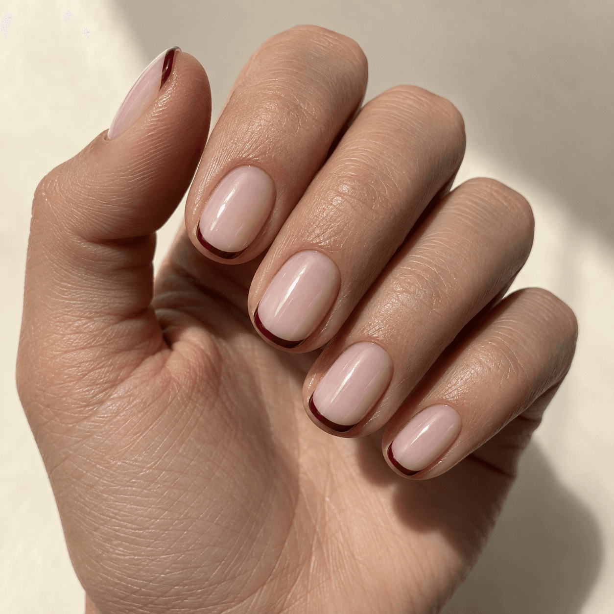 Blush manicure with a deep burgundy micro French finish